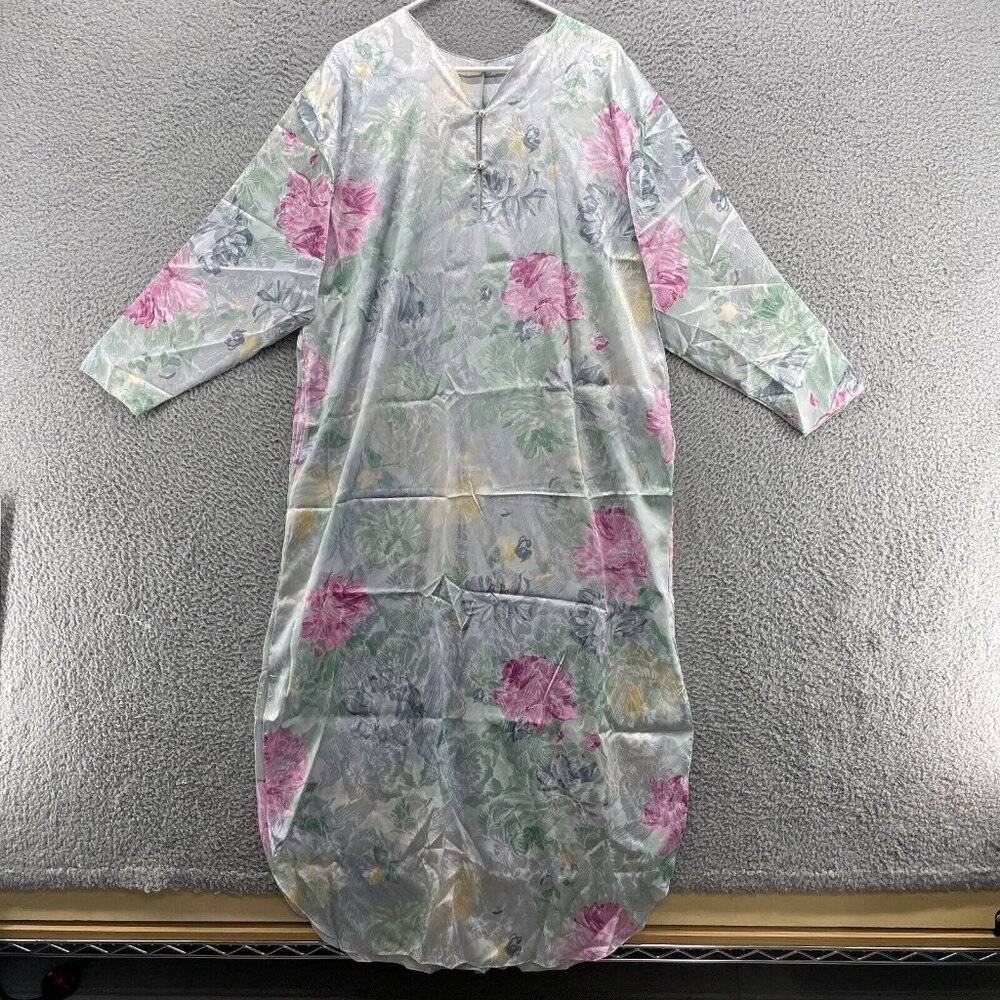 Vtg Jenelle Womens Night Gown‎ Medium Floral Blue Green Satin Mumu USA NEW